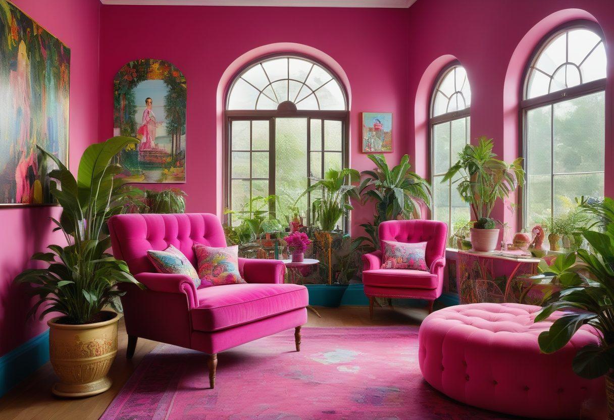 A vibrant and whimsical room filled with bold fuchsia furniture and decor, including a playful oversized chair, colorful cushions, and a lively wall mural depicting joyful characters. Sunlight streams in through large windows, highlighting quirky art pieces and indoor plants that add a touch of nature. The overall atmosphere is cheerful and inviting, perfect for inspiring creativity and playfulness. painting. vibrant colors. cheerful mood.