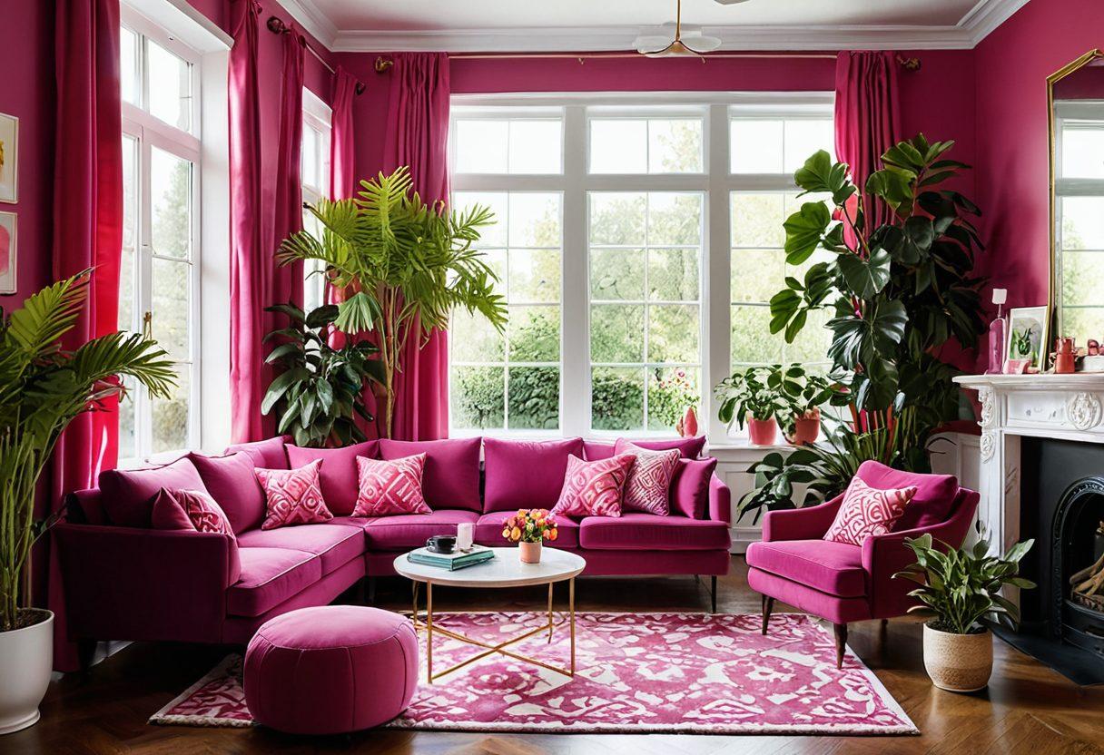 A vibrant living room filled with fuchsia-colored decor items like cushions, curtains, and wall art. A cozy nook featuring a stylish chair surrounded by artistic decorations and playful patterns. A splash of greenery from indoor plants enhancing the joyful atmosphere. Bright sunlight streaming through a large window, creating a warm, inviting ambiance. painting. vibrant colors. cheerful tones.