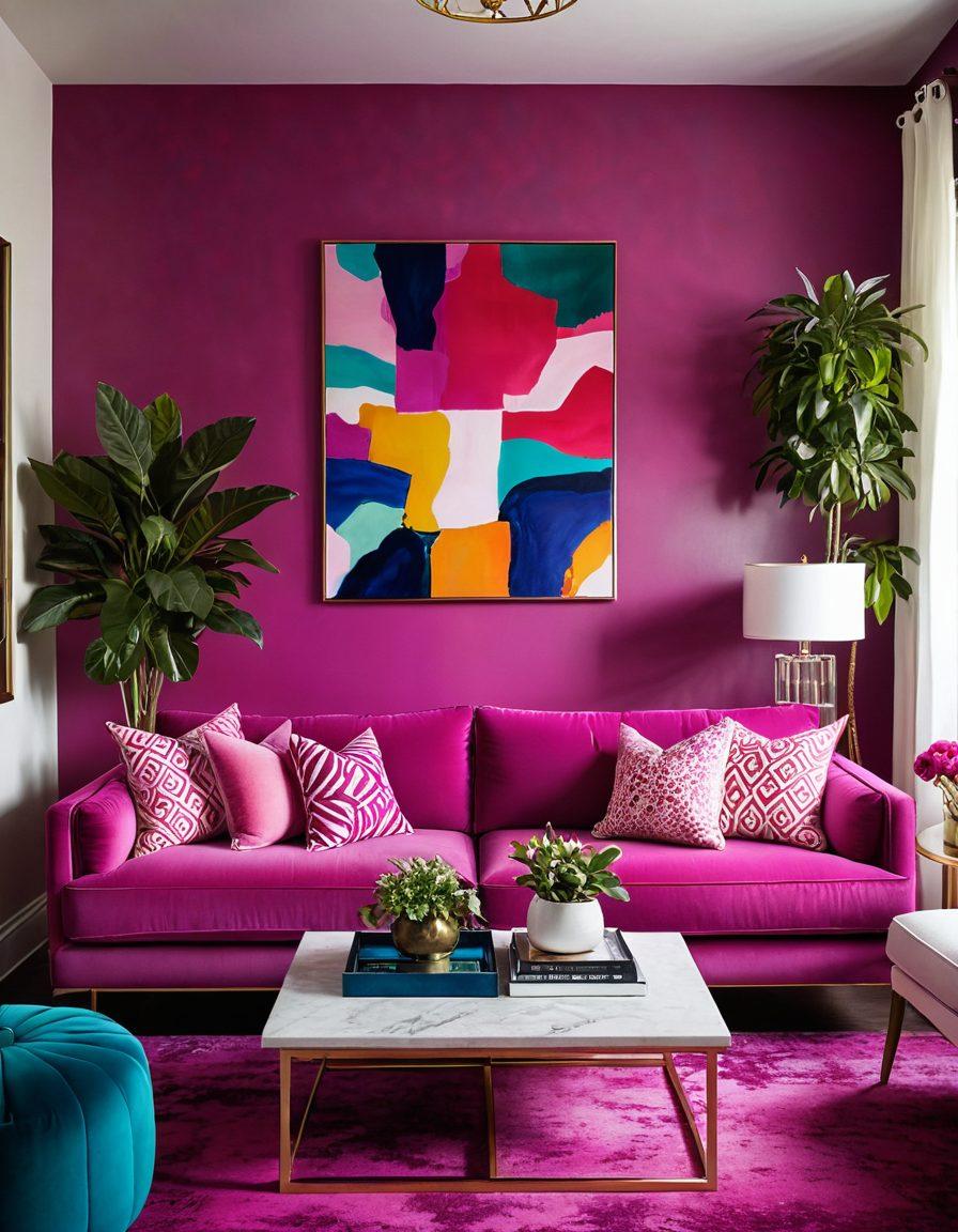 A transformed living room showcasing vibrant fuchsia accents, with artistic wall art featuring abstract shapes in bold pinks and purples. Include lush green plants for contrast and stylish fuchsia furniture, like a cozy sofa and decorative pillows. The lighting should be bright and inviting, casting soft shadows for a warm atmosphere. super-realistic. vibrant colors. modern design.